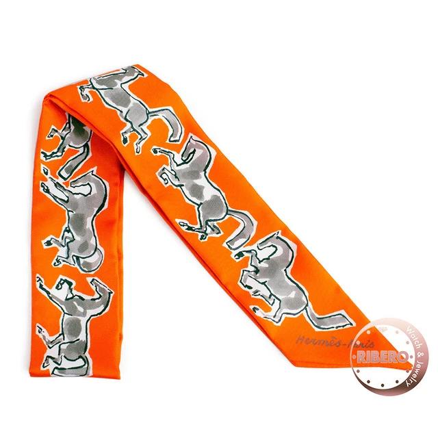 Hermes Chevaux En Liberte Freedom Horse 063803S 14 Twilly Scarf Orange Gray