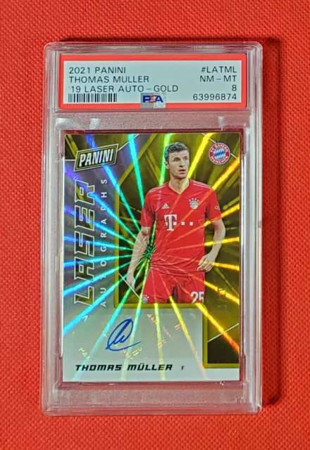 1/10 Thomas Muller 2021 Panini Laser Autographs Gold Auto FC Bayern Munich PSA 8