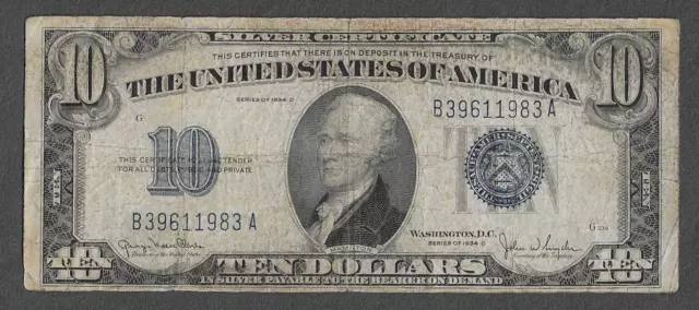 FR. 1705 Ten Dollars ($10) Series of 1934D Wide  Blue Seal Silver Certificate
