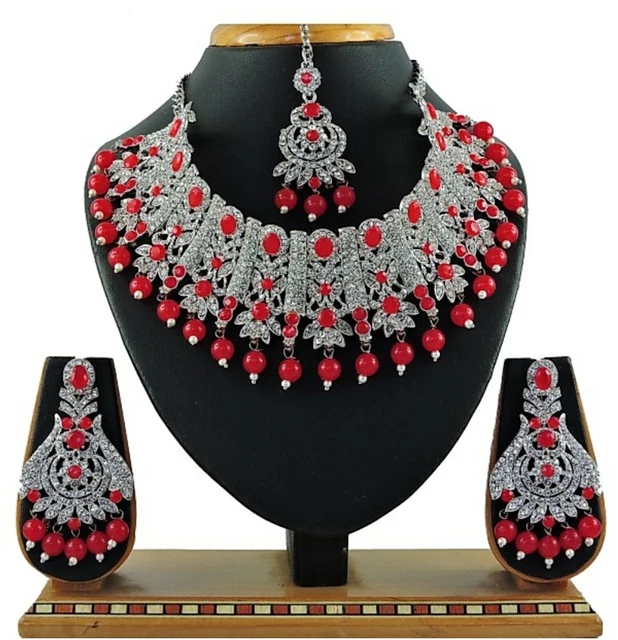 New Red Indian Bollywood Pearl Silver Plated Fashion Bridal Diamond Necklace Set