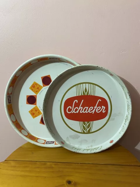 2 Vintage 1970's Schaefer 12". Schlitz  13” Metal Beer Serving Tray Bar  Decor