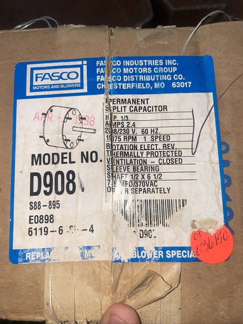 D908 Fasco 1075 RPM Condenser Fan Motor 1/3 HP
