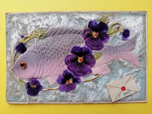 CPA Velours FANTAISIE  1er AVRIL POISSON Petit messager Enveloppe Petit mot