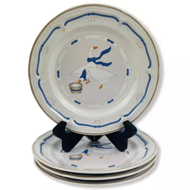 Newcor Stoneware Countryside Geese Salad Plates Set of 4 VTG 7.50" Blue Ribbon