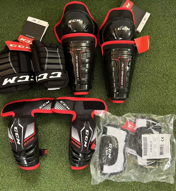 NEW CCM Lev 3 Youth Edge Hockey Gloves, FT350 Shin Guards Knee Pads 9” JR Med NEW CCM Lev 3 Youth Edge Hockey Gloves, FT350 Shin Guards Knee Pads 9” JR Med