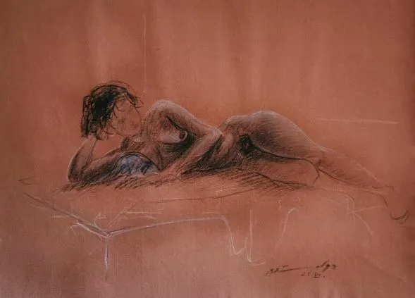weiblicher akt, zeichnung, liegend, studie, kohle-pastell,1993