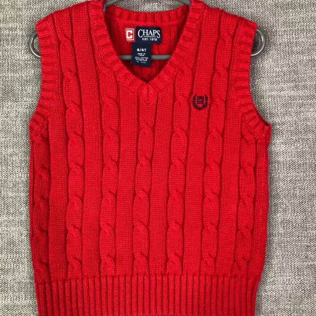 Chaps Sweater Vest Boys 4T Todler Red V Neck Cable Knit Logo Cotton