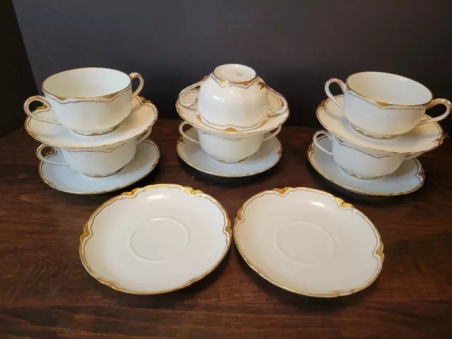 Antique Haviland Limoges Ranson 6 Bouillon Cups &8 Saucers White W/ Gold Trim