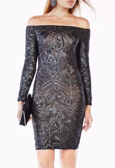 BCBG Max Azria 'Eunice' ~ Charcoal Sequins Off Shoulder Party Dress M NEW $398