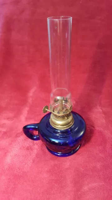 Decorative Finger Oil Lamp Cobalt Blue Glass with Burner and Chimney 200mm tall