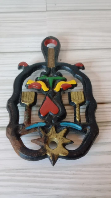 Vintage Cast Iron Metal Footed Trivet With Hearts Lovebirds Brooms & Star