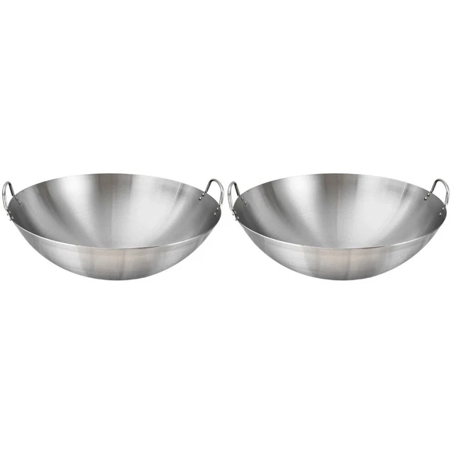 2x Acier inoxydable Wok Pan Acier inoxydable Wok 10 Pouces À Fond rond Wok