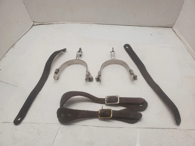 Pair Of Cowboy Boot Spurs With Straps Chrome Plated Western Horse Decor #6