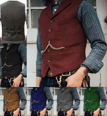 Men Tweed Vest Hunting Herringbone Waistcoats Vintage Wedding Groomsman Wool 3XL