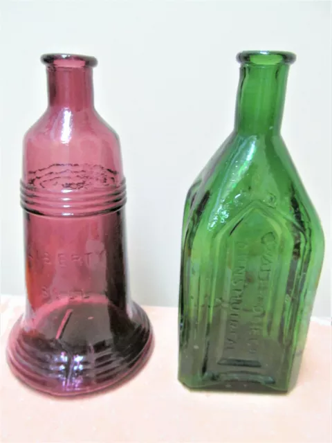 (2) Liberty Bell and Remedy Bottles Purple & Green Colors 7.5"