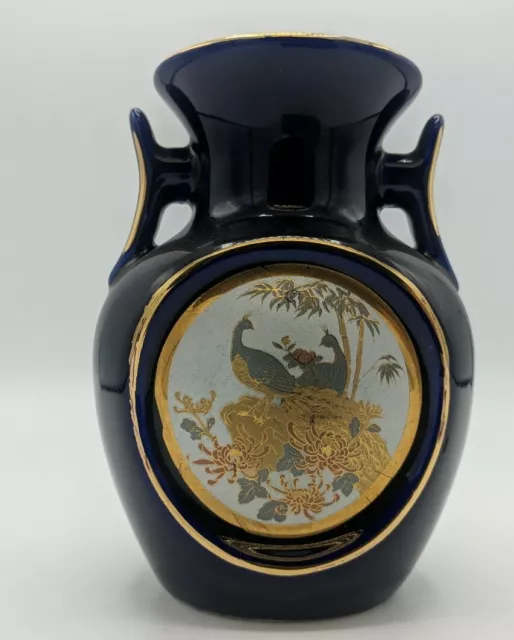 Vintage kleine kobaltblaue Keramik Urne Vase orientalische Pfauen Design Japan exp 🙂