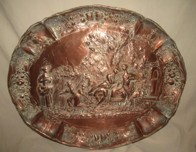 Grande Plato Oval Antiguo Del 19eme de Latón Repujado Copper Relieve Bandeja