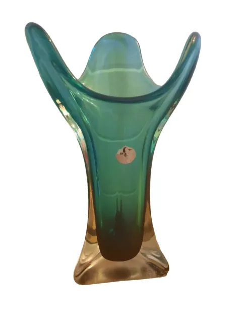 Vintage  Blue Green  Glass Handkerchief Art Vase Large 28cm