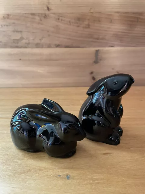 Baccarat Crystal BLACK Bunny Rabbit Set PAIR Laying Crouching & Standing France