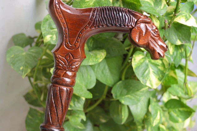 Wooden Carved Horse Head Handle Walking Stick Cane Handmade Wood Crafted Comfort