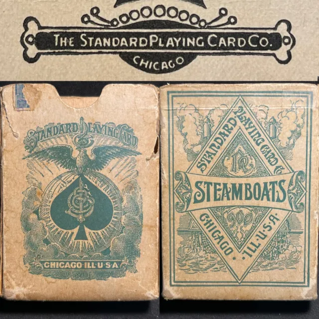 c1900 Rare Steamboats SPCC Chicago Antique Poker Playing Cards 52/52 + Box