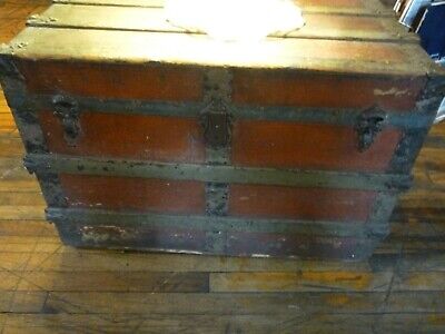 Antique Steamer trunk flat top  chest as found coffee table 1900's  #2