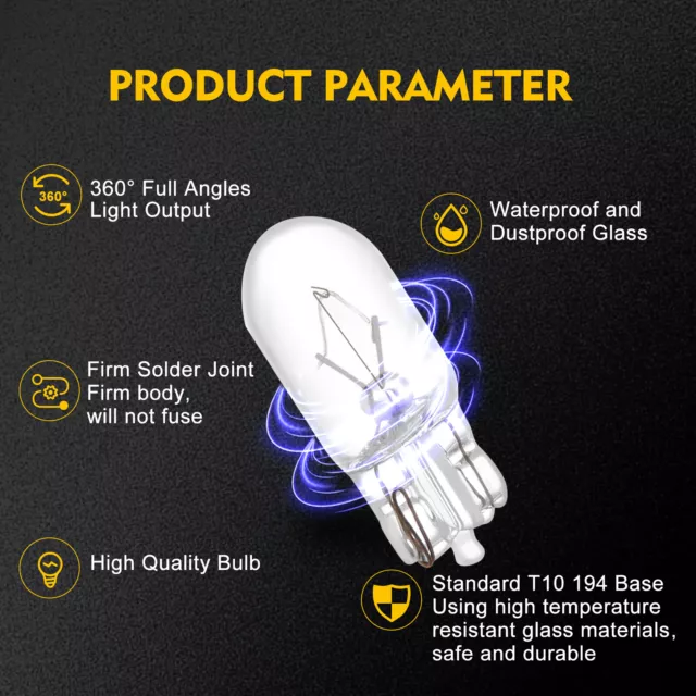 10X T10 194 168 Wedge Instrument Cluster Dash Lights Halogen Bulb 5W Warm White 3