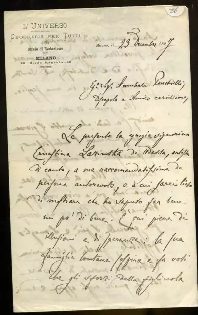 Autografo Storia Milano Scrittore  Lettera Autografa Coiro Lodovico 1897