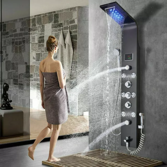 Stainless Steel LED Shower Panel Tower Black Rain&Waterfall Massage Jets System