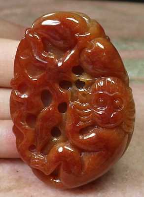Certified Red Natural A Jade jadeite Pendant Monkey Peach Lotus Flower 424185 AM