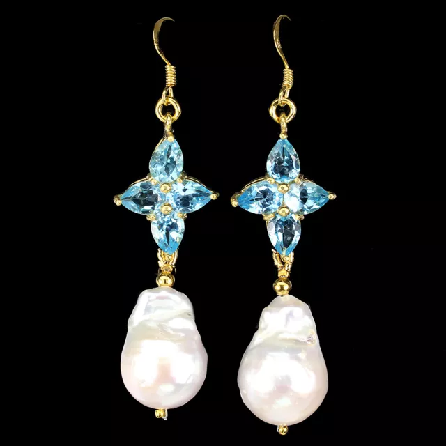 Pear Swiss Blue Topaz Pearl 14K Yellow Gold Plate 925 Sterling Silver Earrings