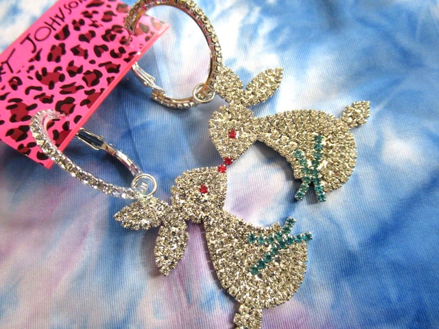 Betsey Johnson Crystal Rhinestone Large Silver Bunny Rabbit Lever Earrings NWT