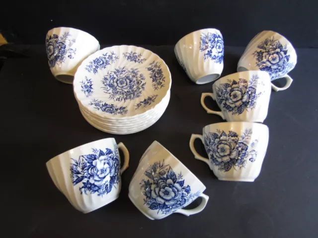 8-Cups & Saucers-Beacon Hill-British Anchor-Staffordshire-Hand Engraved-England