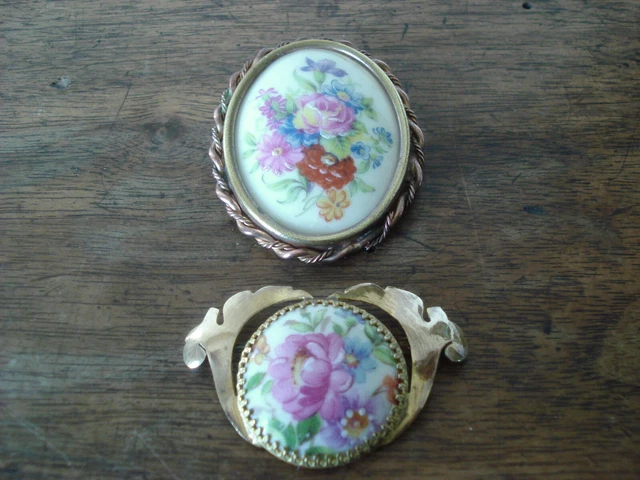 Broche Ancienne Vintage En Porcelaine De Limoges Peinte à La Main - Bijou Délicat D'occasion