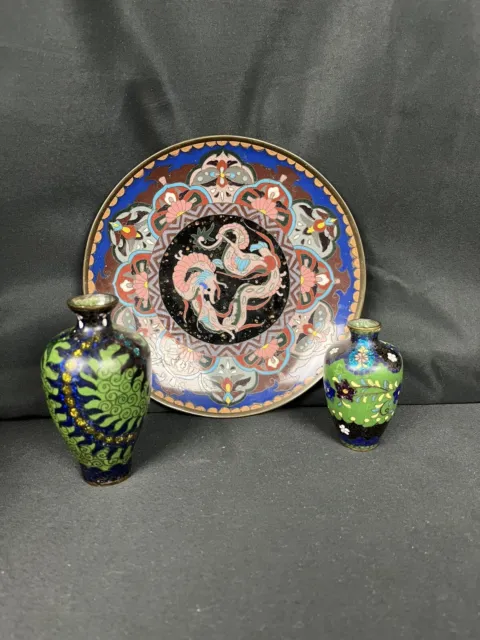 Lot 3 Items Antique Tray & Vases Attr Takahara Meji Era Early Japanese Cloisonne