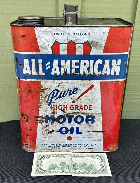 Vtg All-American 2 Gallon Motor Oil Can Pittsburgh-Penn Oil Pre Zip $.99 START! Vtg All-American 2 Gallon Motor Oil Can Pittsburgh-Penn Oil Pre Zip $.99 START!