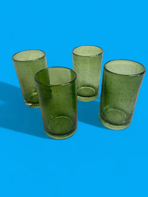 ARTLAND IRIS Hand-Blown Bubble Glass High-Ball Tumblers Green Set of 4