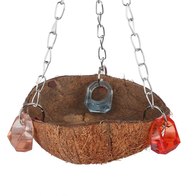 Pet Birds Toy Squirrel Coconut Shell Hanging Basket Sling Con Anelli In Acri DB3