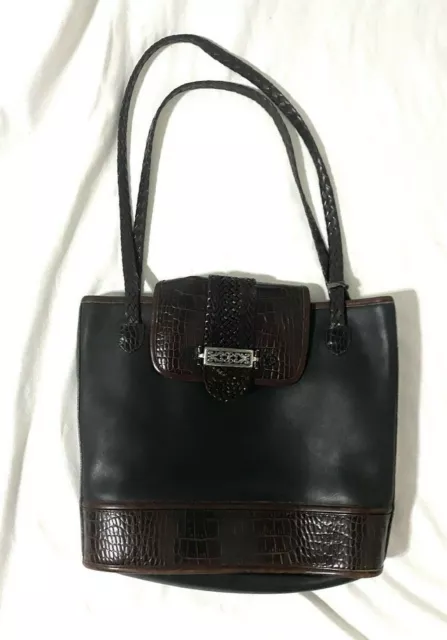 BRIGHTON Black and Brown Faux Croc Leather Shoulder Crossbody Bucket Bag