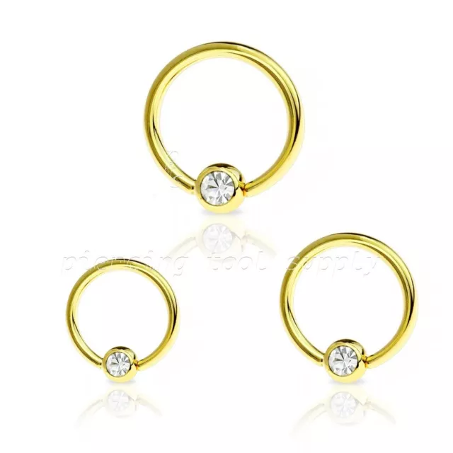 PAIR Gold Plated Surgical Steel Gem Set Captive Bead Ring Ear Lip Septum 16G 14G