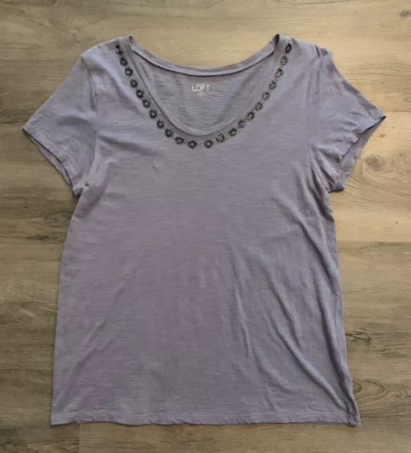 LOFT Beaded Neckline Embellished Women's Periwinkle T-shirt Top Size Medium M