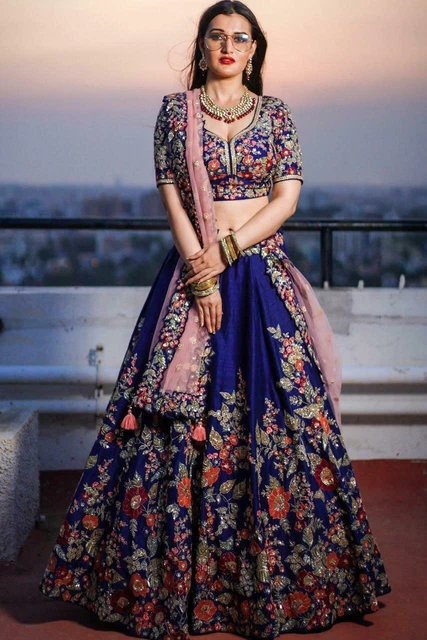 Blue Indian Lehenga Choli Bollywood Wedding Bridal Party Floral Lengha Saree
