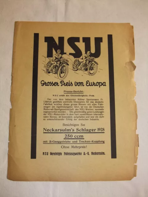 Werbung Reklame Oldtimer Prospekt Werbeblatt NSU Großer Preis von Europa 1928