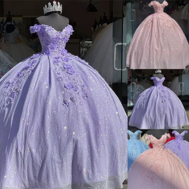 Giltter Quinceanera Dresses 3D Florals Sweet 15 16 Dresses Prom Party Ball Gowns