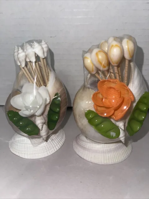Seashell Toothpick Holder Shell Hors D’oeuvres Cocktails Vintage Set Of 2 Sealed
