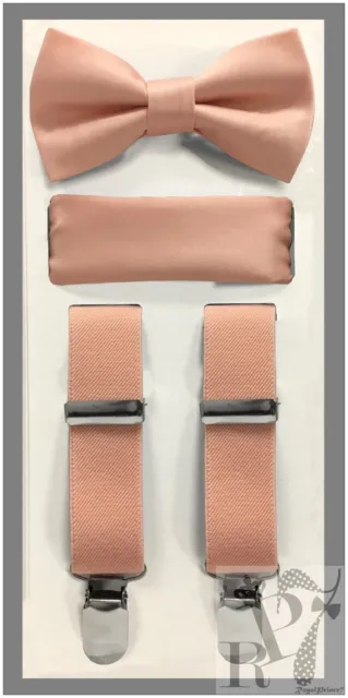 Peach NEW Boy's Clip Suspender Bow tie & Pocket Square Handkerchief 3 pieces set