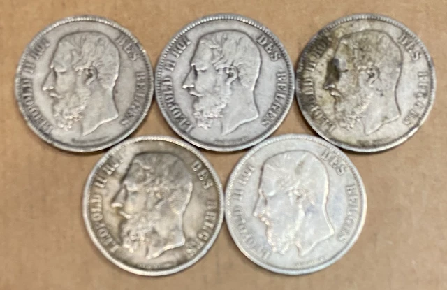 Lot De 5 Pieces De 5 Francs Leopold Ii Tb/Ttb