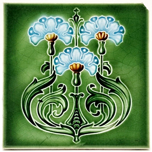 Art Nouveau Fireplace Tile Green Majolica Floral Design T & R Boote 1906