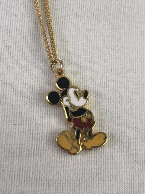 NOS Vintage Walt Disney Enamel Mickey Mouse Pendant Chain Necklace Gold Tone 17"