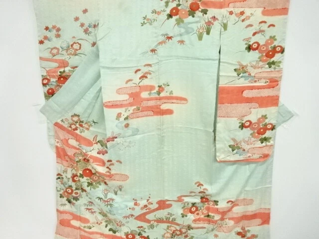 80163# Japanese Kimono / Antique Furisode / Embroidery / Fall Plants With Bamboo